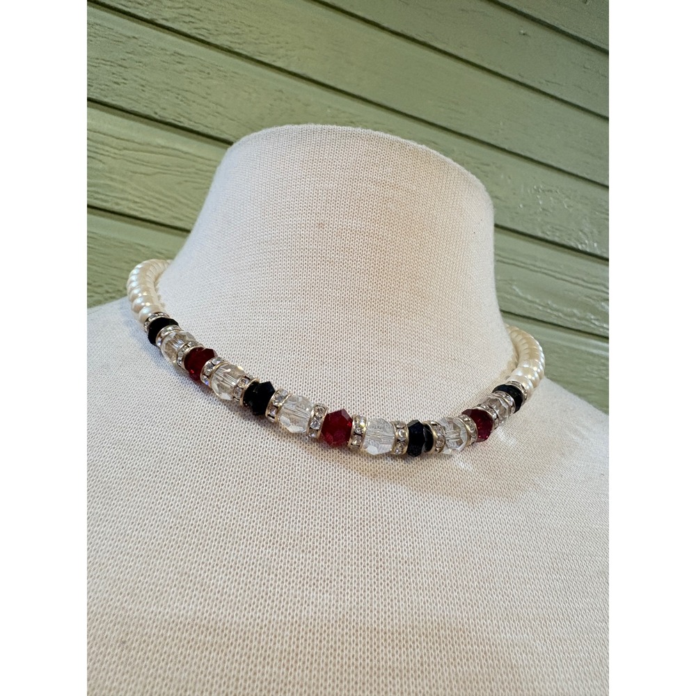 Faux Pearl Choker Necklace Red Black Clear Crystal Rhinestone Gold Tone Clasp